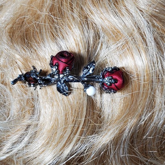 Deep Red Petite Silk Roses Hair Barrette - Hair Clip with Pearl & Garnet Crystal - Picture 4 of 9